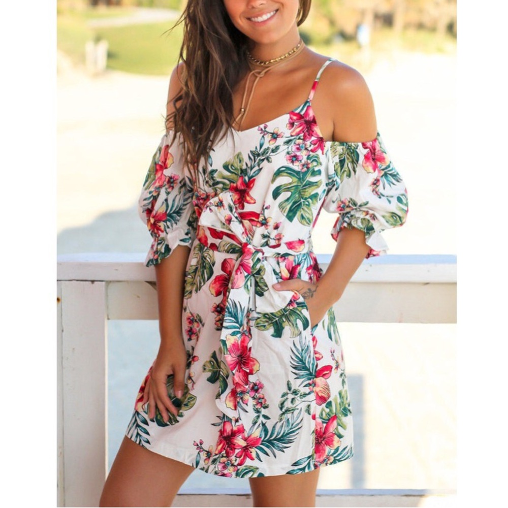 Lush Tropical Floral Print Cold Shoulder Puff Sleeve Dress